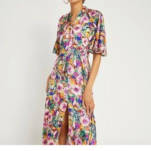 River Island Floral Tie Neck Dress